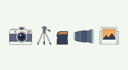 Flat Design Icons Vintage Camera Tripod SD Card Lens and Photo Frame Photography Equipment Creative Tools Set