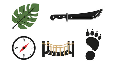 Jungle Adventure Icons Leaf Machete Compass Rope Bridge Animal Paw Print Vector Illustration