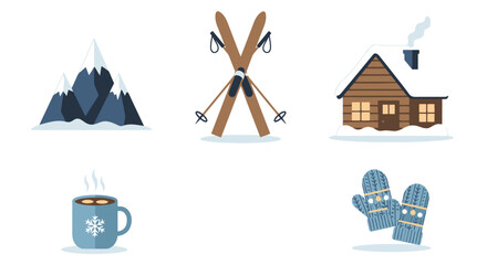 Cozy Winter Mountain Cabin Scene with Hot Chocolate Skis Snow and Mittens Flat Design Icons for Seasonal Graphics
