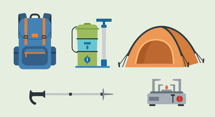 Outdoor Adventure Gear Flat Icon Set Backpack Tent Stove Water Filter Trekking Pole Perfect for Camping Hiking and Travel Concepts