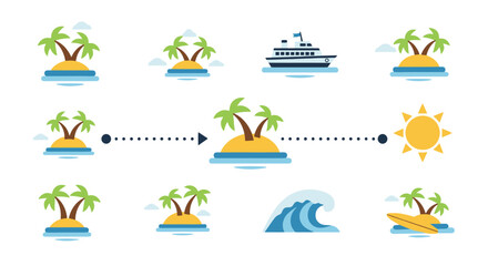 Tropical Island Hopping Adventure Cruise Ship Palm Trees Sun Wave and Surfing Paradise Vector Illustration