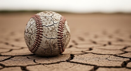 A weathered baseball rests on cracked, dry earth in a desolate landscape