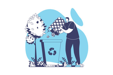 People collecting garbage web concept with flat people for website design. Man throwing waste in disposal bins, recycling plastic and other trash, caring ecology and nature. Vector illustration.