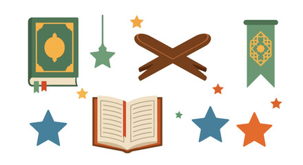 Islamic Icons Set Quran Stars Banner Book Stand Ramadan Eid Muslim Culture Religion Symbols Collection