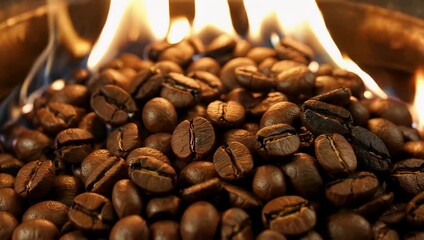 warm 4k shot of roasted coffee beans piled together with a glowing fire burning behind them creating a cozy inviting ambiance perfect for café ads product branding and atmospheric food related