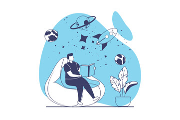 People reading book web concept with flat people for website design. Boy reads literature about cosmic space and astronomy while sitting in armchair, bookworm enjoying hobby. Vector illustration.