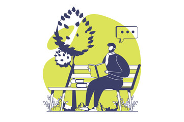 People reading book web concept with flat people for website design. Man reads literature while sitting bench in park. Reader pastime with different texts, engaged in hobby. Vector illustration.