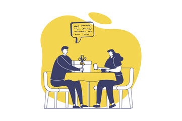 People sit in gadgets web concept with flat people for website design. Man trying to give gift at date to girlfriend, woman ignoring him while distracting to internet browsing. Vector illustration.