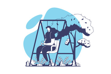 People sit in gadgets web concept with flat people for website design. Woman interacting with mobile phone while sitting at swing in park, addicting to chatting and browsing. Vector illustration.