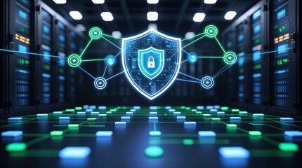 Managed Security Services (MSS) Concept. Digital Shield Icon Overseeing Interconnected Network Nodes in Data Center Server Room.