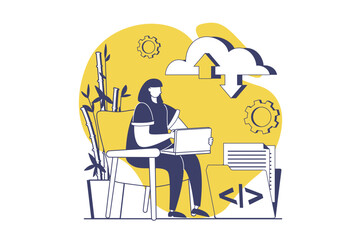 SaaS web concept with flat people for website design. Woman using software as a service, interacting with cloud computing from laptop, backup and sync with online protection. Vector illustration.