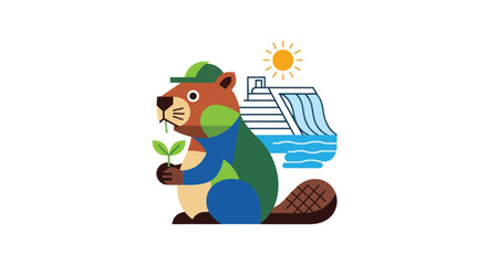 Geometric beaver with a plant, stylized waterfall & sun