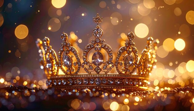 Golden jeweled tiara in festive bokeh lights, sparkling luxury macro. Ideal for queen, princess, wedding, royalty, high jewelry, ball, gala, catalog, luxury ad campaign, elegant event, classic beauty