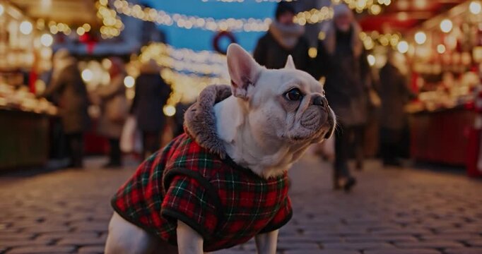 White French Bulldog in plaid winter coat at urban Christmas market. City, pet, festive.