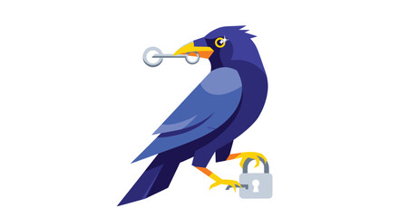Stylized blue bird with key in beak standing on lock
