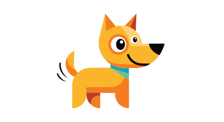 Stylized dog with geometric shapes and a wagging tail, wearing a blue collar