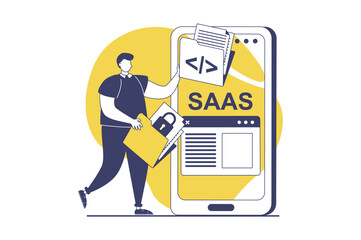 SaaS web concept with flat people for website design. Man using software as a service, interacting with cloud computing from mobile phone app, making online backup and sync. Vector illustration.