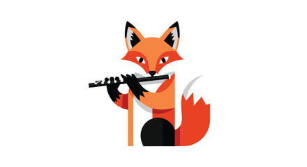 Geometric flat-design of a fox playing the flute, rendered in orange, black, white, and gray tones