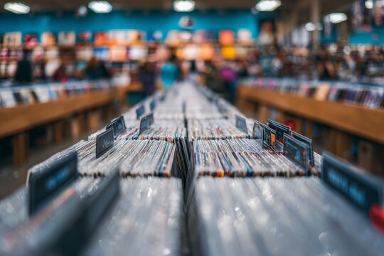 Classic vinyl records neatly arranged in long rows, waiting for discovery inside vibrant music shop. - Powered by Adobe
