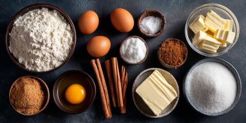 Baking Essentials: An overhead shot captures a vibrant assortment of fresh ingredients, meticulously arranged and ready to bring a culinary creation to life.