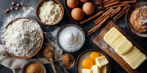 Baking Ingredients: A close-up shot captures an array of essential baking ingredients artfully arranged on a textured surface, evoking a sense of culinary preparation.