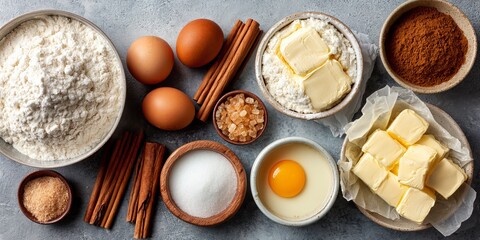 Baking Ingredients Array: A top-down view of essential baking ingredients, perfectly arranged, promising culinary delight and the creation of delicious food.