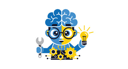 Cartoon figure with brain, holding wrench and bulb, gears