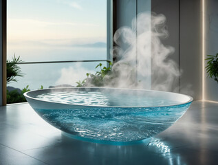 Summer landscape of a park fountain with water splashing under a clear sky