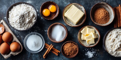 Baking Ingredients in Composition: A bird's eye view captures an array of culinary elements arranged to craft delectable pastries and confections.