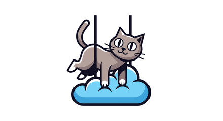 Cartoon cat playfully balances on a blue cloud, suspended by two strings