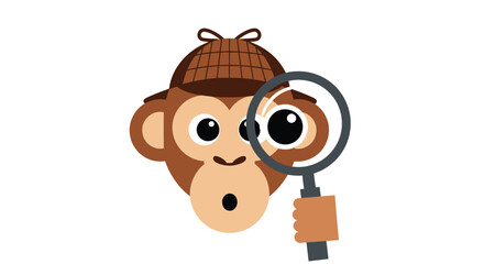 Cartoon chimp wearing detective hat, holding magnifying glass