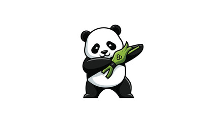 Cartoon panda hugs green bamboo
