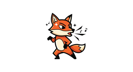 Cartoon fox character shouting, eyes sparkling, with musical notes in the air