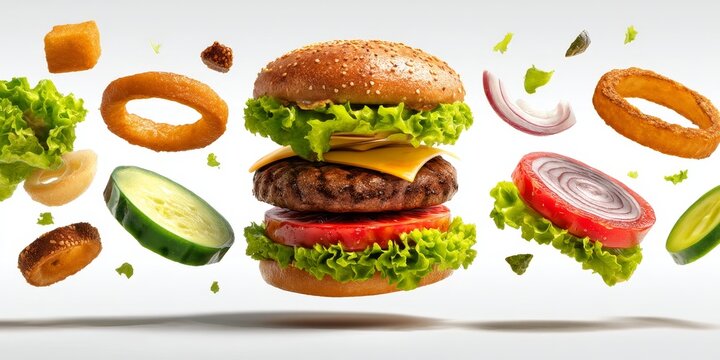 Burger Delight: A mouthwatering, perfectly composed burger, with all its ingredients playfully suspended in mid-air, a visual feast that's sure to ignite the appetite. - Powered by Adobe
