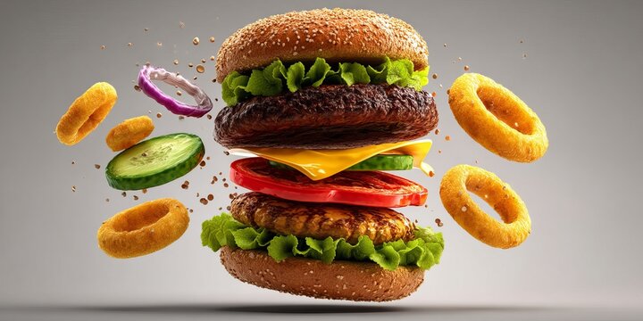 Burger ingredients falling into place: An artistic representation of a hamburger with its ingredients seemingly suspended in mid-air, illustrating the fresh components.
