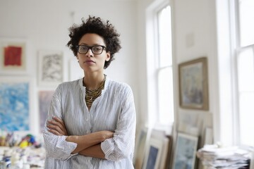 African American artist stands with arms crossed, exuding confidence in bright studio.