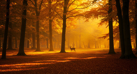 A dense autumn forest with golden sunlight streaming through the trees, creating a warm and serene atmosphere among the fallen leaves.