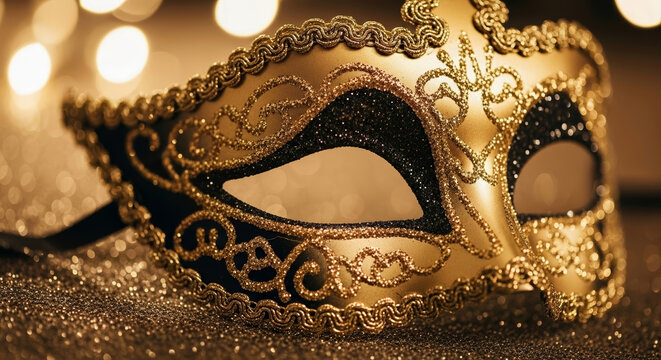 Elegant Gold Masquerade Mask Against Sparkling Background for New Year Celebrations, Party Invitations, Event Decor, and Festive Occasions