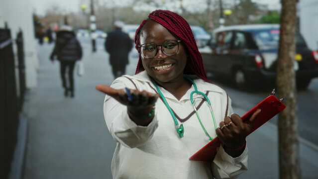 Smiling woman doctor extending hand on city street with clipboard in urban outdoor setting showing friendly gesture to camera during daytime - Powered by Adobe