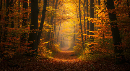 A dense autumn forest with golden sunlight streaming through the trees, creating a warm and serene atmosphere among the fallen leaves.
