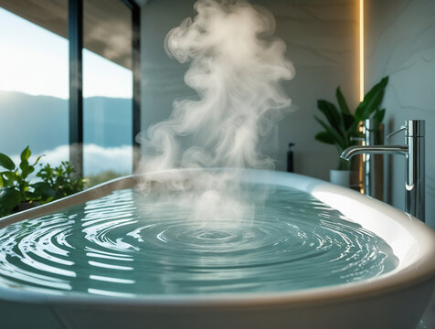 Iceland's hot geyser and blue thermal pool in the mountains create a steaming natural landscape under the sky