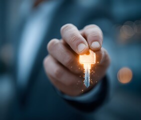 Man is holding a key in his hand, with the key glowing in the dark. Concept of mystery and intrigue, as the key seems to hold some significance or secret