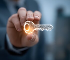 Man is holding a key with a glowing effect. Concept of unlocking something important or significant. The glowing effect adds a sense of mystery and intrigue to the image
