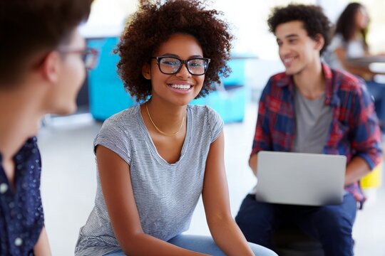 African American woman smiles, wearing glasses, engaging in lively discussion with diverse student group.