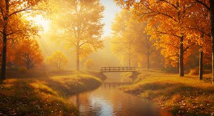 A dense autumn forest with golden sunlight streaming through the trees, creating a warm and serene atmosphere among the fallen leaves.