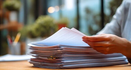 Person is holding a stack of papers on a table. The papers are piled high, and the person appears to be looking at them intently