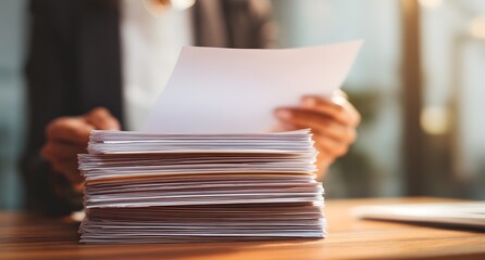Person is reading a stack of papers on a desk. The papers are piled high and the person is holding a single sheet in their hand. Concept of organization and focus