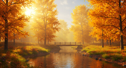 A dense autumn forest with golden sunlight streaming through the trees, creating a warm and serene atmosphere among the fallen leaves.