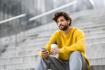 Young man wearing a yellow sweater sits on a set of stairs with a cell phone in his hand. He is looking at the phone, possibly checking messages or browsing the internet