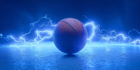 Fototapeta premium Basketball amidst Lightning: A basketball sits on a blue surface, surrounded by dynamic lightning bolts, creating a visual symphony of energy, focus, and power. 